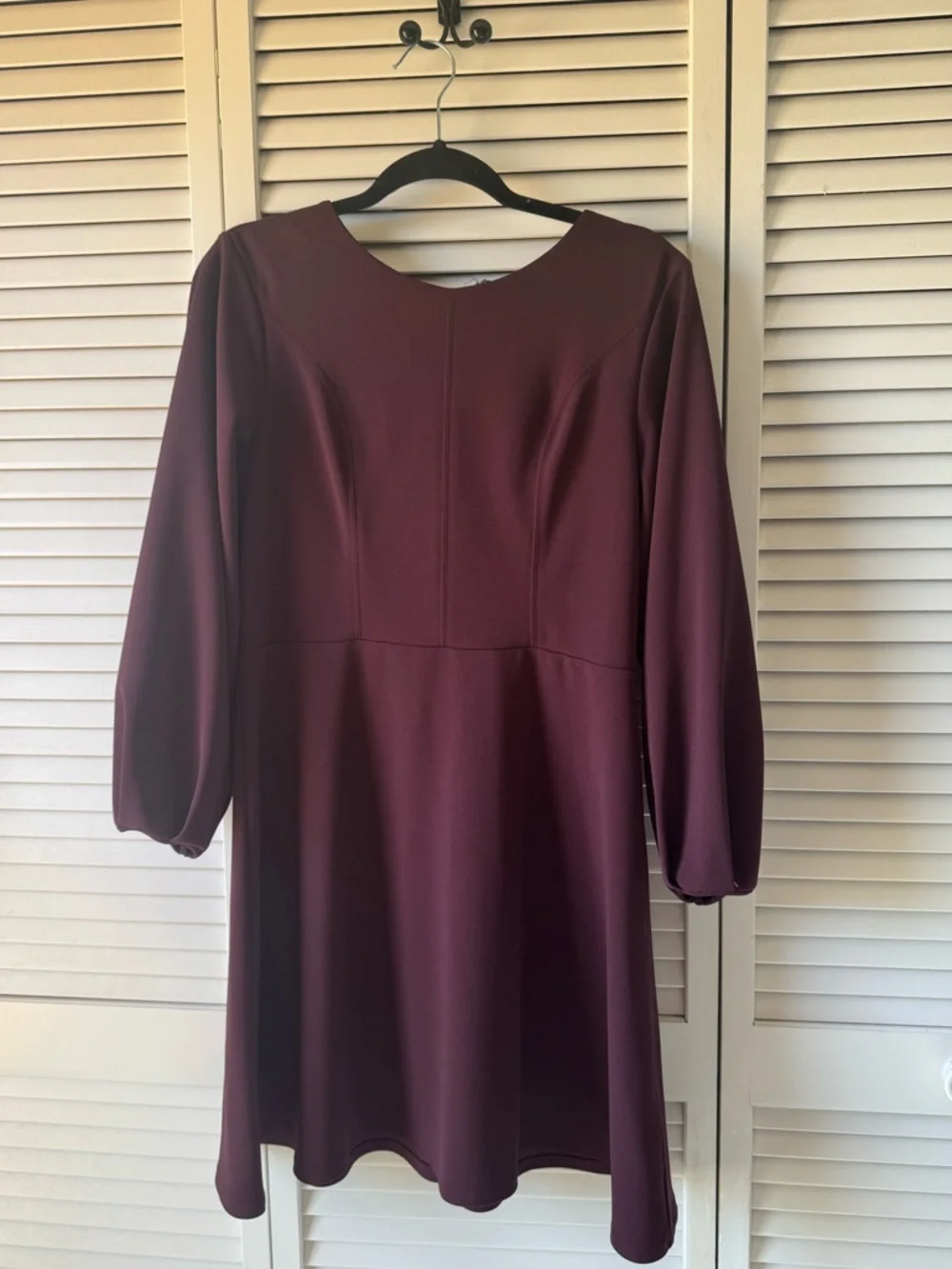 Express Long Sleeve Fit-and-Flare Dress in Wine - Picture 1 of 5
